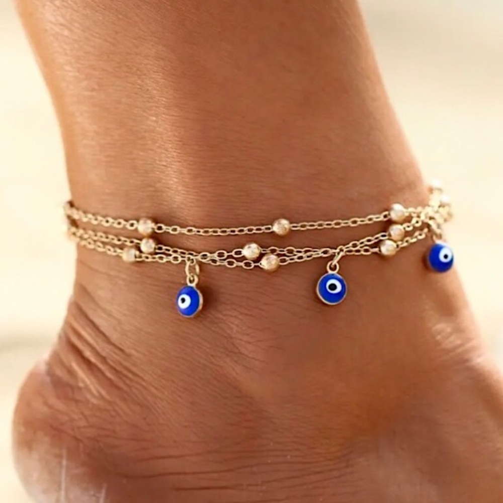 💜10/$25💜NEW 3 Layred Evil Eye Charms Gold Beaded Chain Anklet